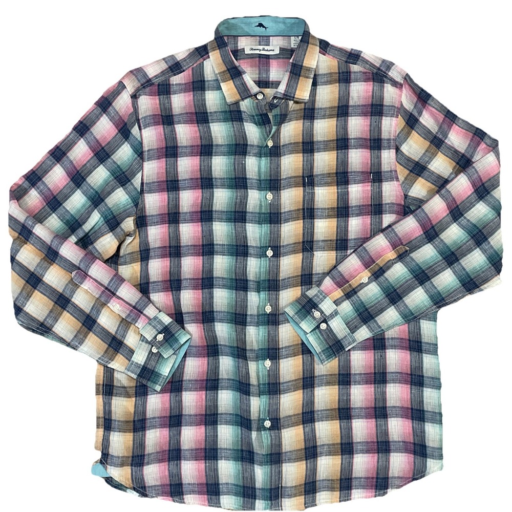 Tommy Bahama Linen Shirt‎ Mens L Multicolor Plaid Button Up Beach Vacation